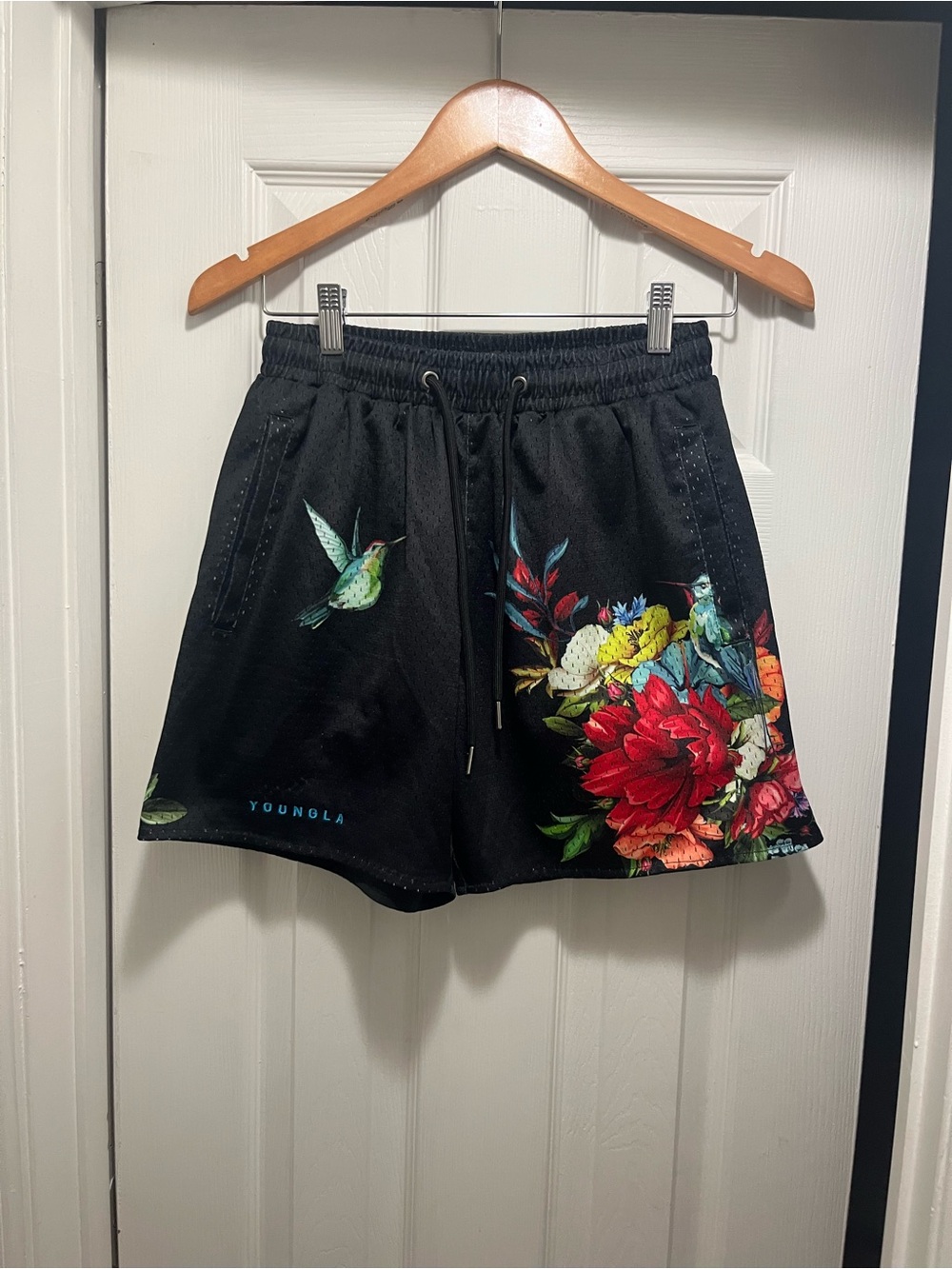 YoungLA Black Athletic Shorts with Colorful Floral & Hummingbird Print